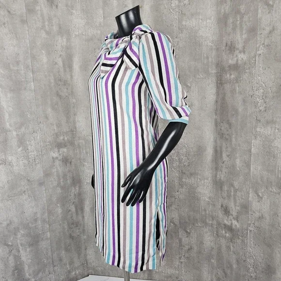 Vintage‎ Handmade Colorful Vertical Striped Linen Half Sleeve Shift Dress - Picture 4 of 9